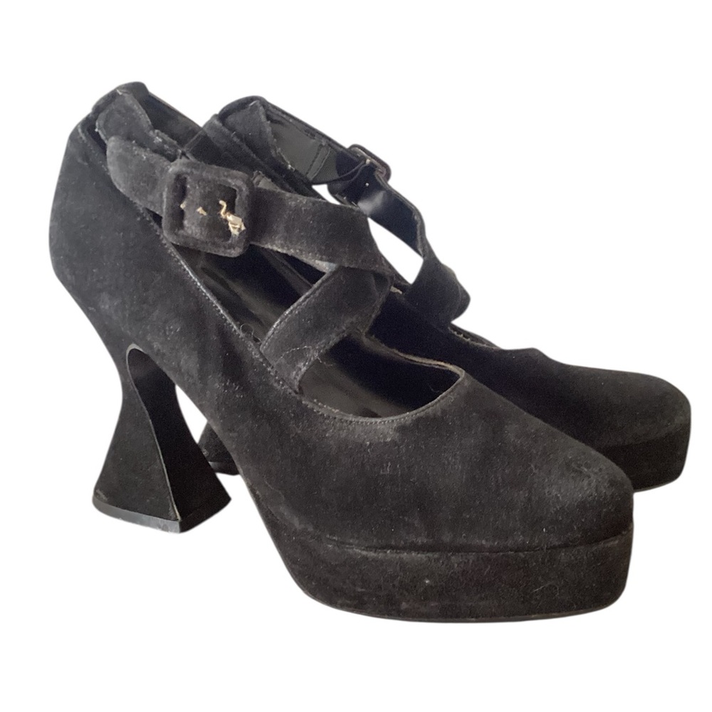 Vtg 90s Wild Pair Black Suede Upper Mary Jane Platform Whimsigoth Heels Size 39